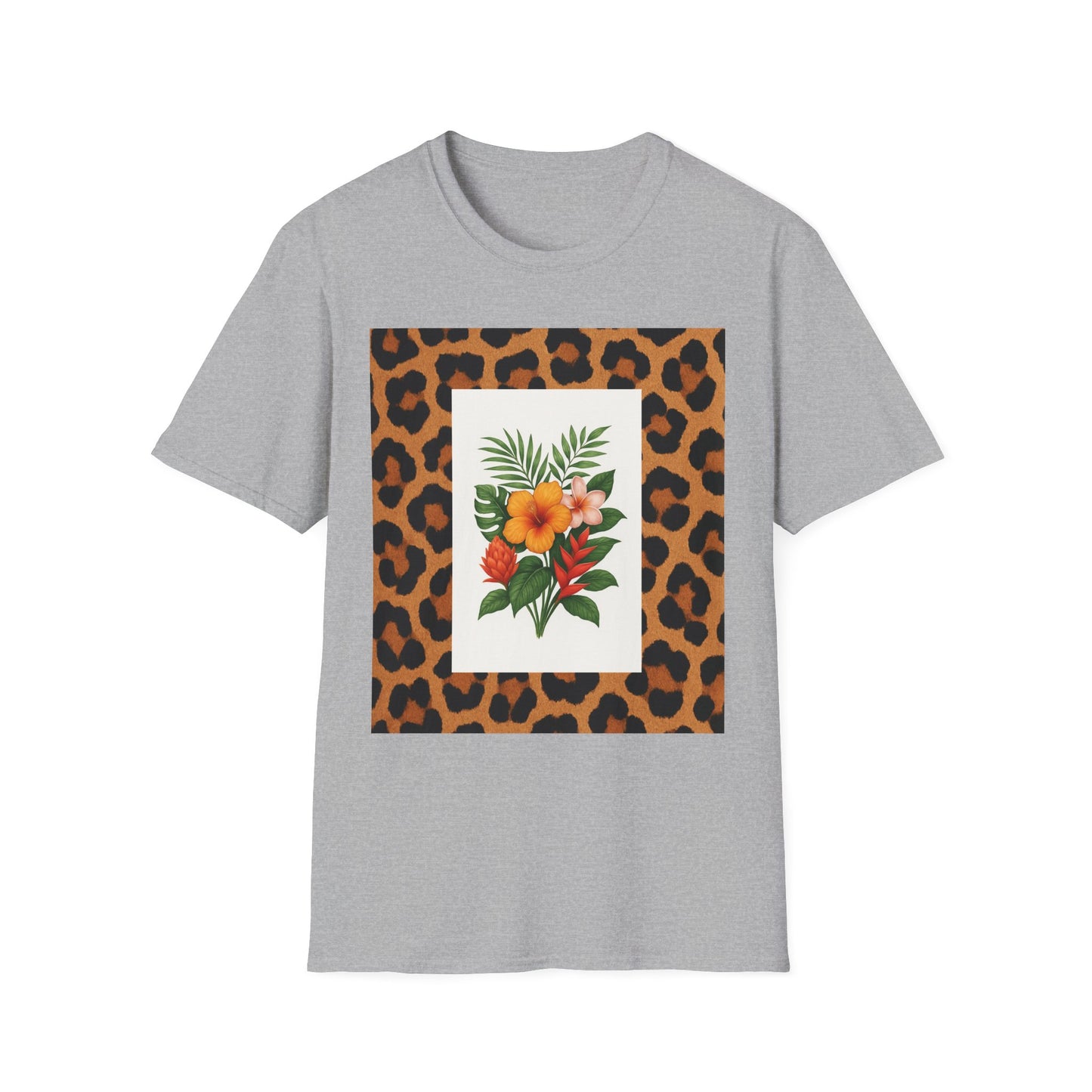 Tropical Leopard Print T-Shirt, Unisex Tee, Floral Graphic Shirt, Casual Wear, Summer Outfit, Gift for Nature Lovers