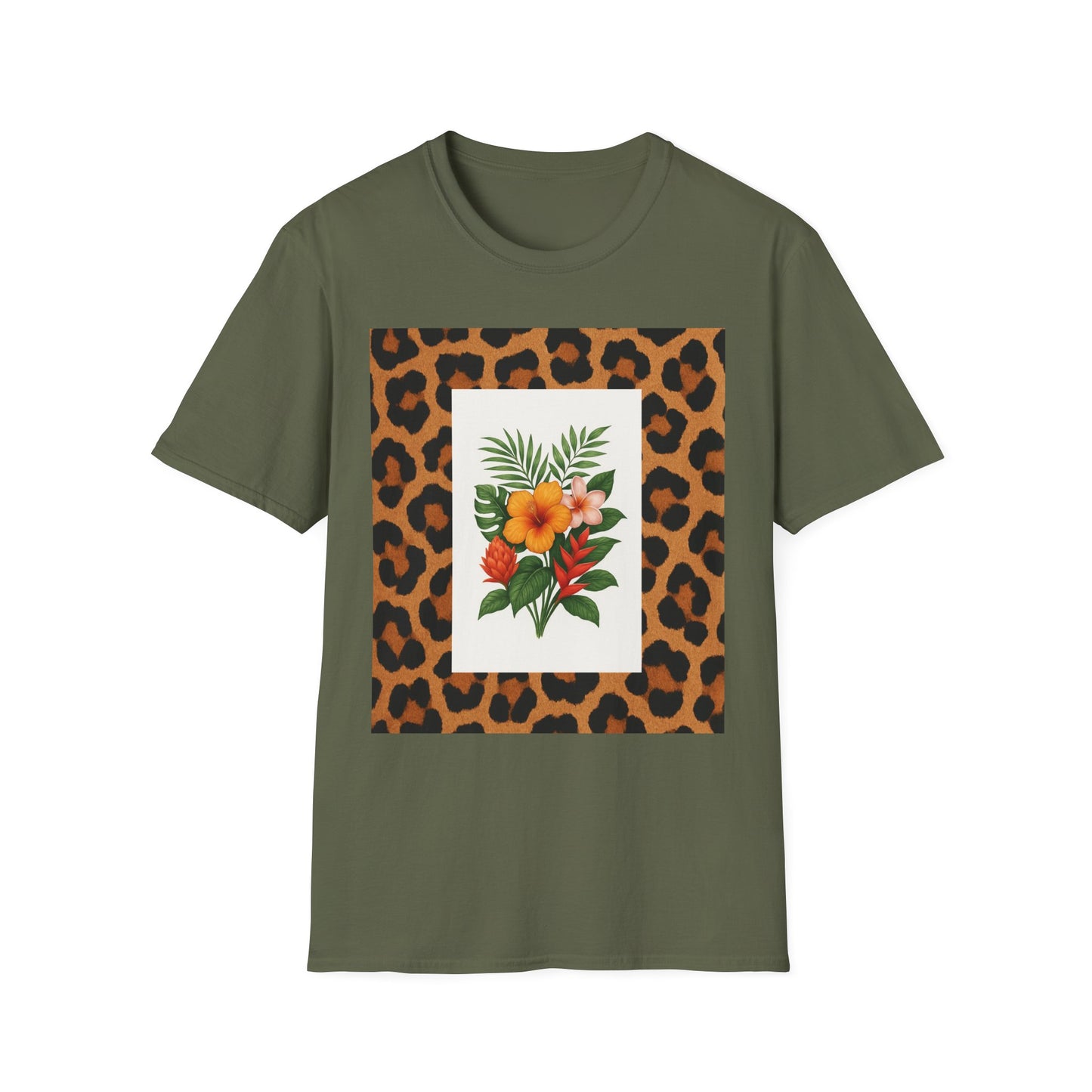 Tropical Leopard Print T-Shirt, Unisex Tee, Floral Graphic Shirt, Casual Wear, Summer Outfit, Gift for Nature Lovers