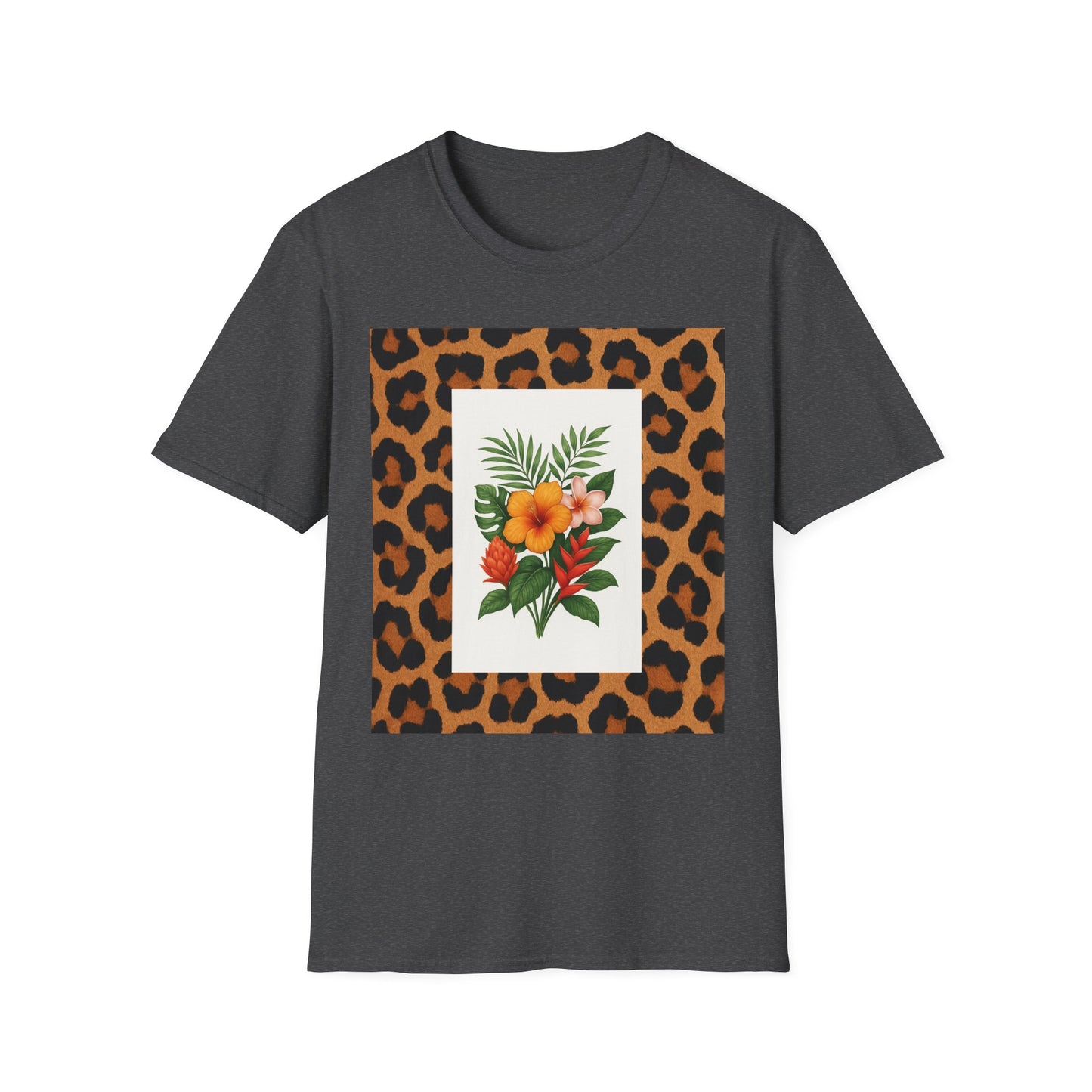 Tropical Leopard Print T-Shirt, Unisex Tee, Floral Graphic Shirt, Casual Wear, Summer Outfit, Gift for Nature Lovers