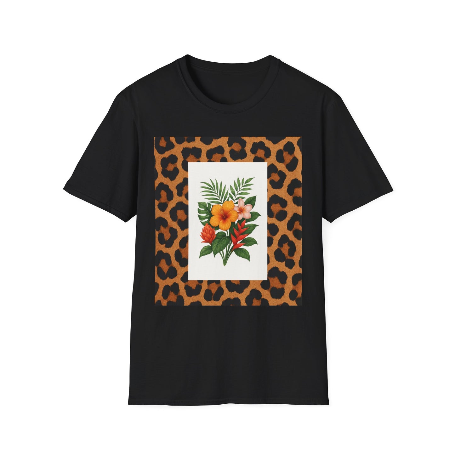 Tropical Leopard Print T-Shirt, Unisex Tee, Floral Graphic Shirt, Casual Wear, Summer Outfit, Gift for Nature Lovers