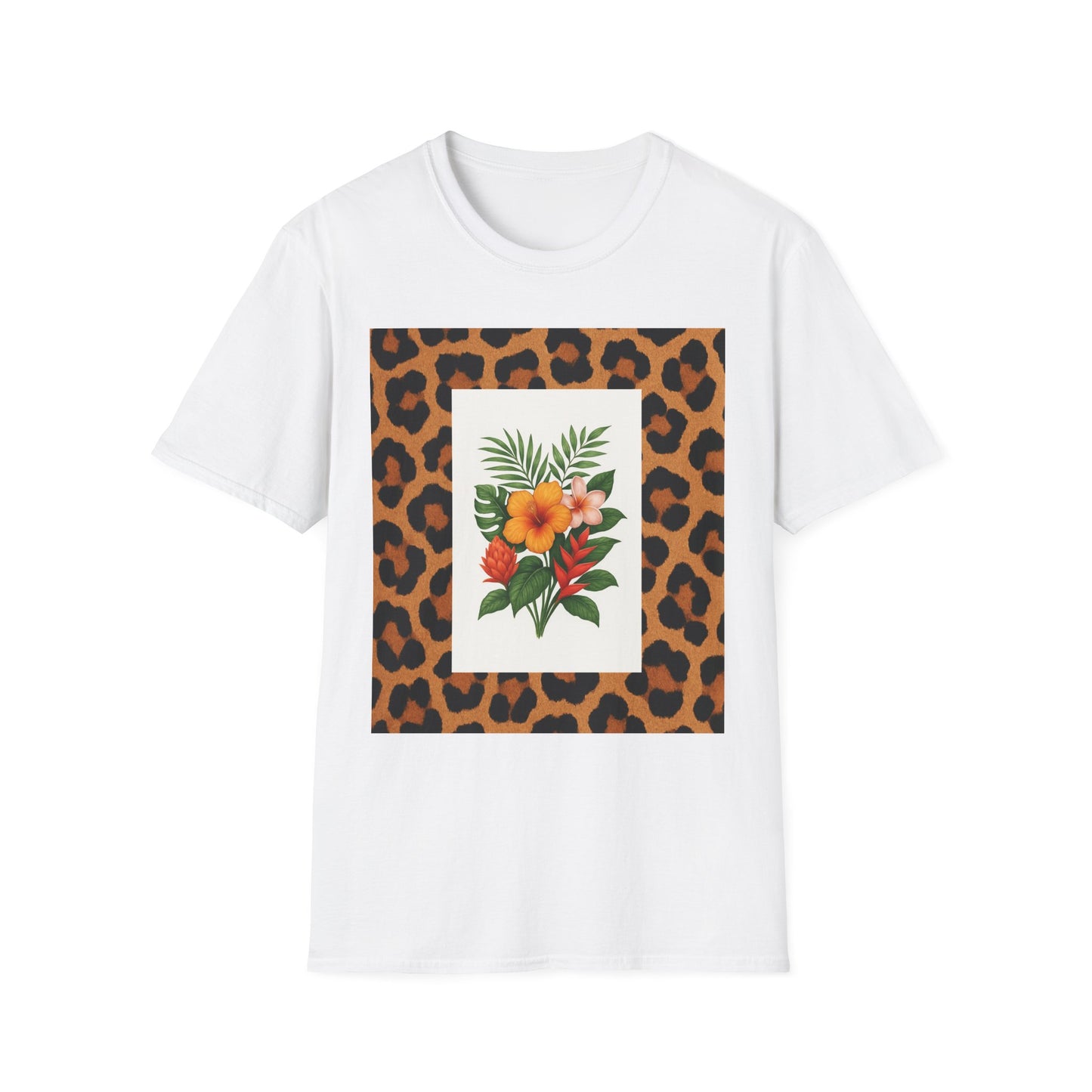 Tropical Leopard Print T-Shirt, Unisex Tee, Floral Graphic Shirt, Casual Wear, Summer Outfit, Gift for Nature Lovers